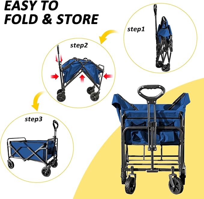 Collapsible Utility Cart Folding Wagon, 320lbs Capacity Lightweight Rolling Cart with Quiet Wheels, Quick-Fold Design for Camping, Shopping, Ourdoor Use, Blue 2PCS