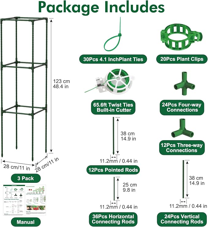 ROADPLUM 3 Pack 48" Tomato Cages for Garden, Plastic Coated Steel Pipe Heavy Duty Adjustable Tomato Stakes Trellis Plant Cages for Vegetable, Fruit, Flower, Rose Vine Climbing Plants