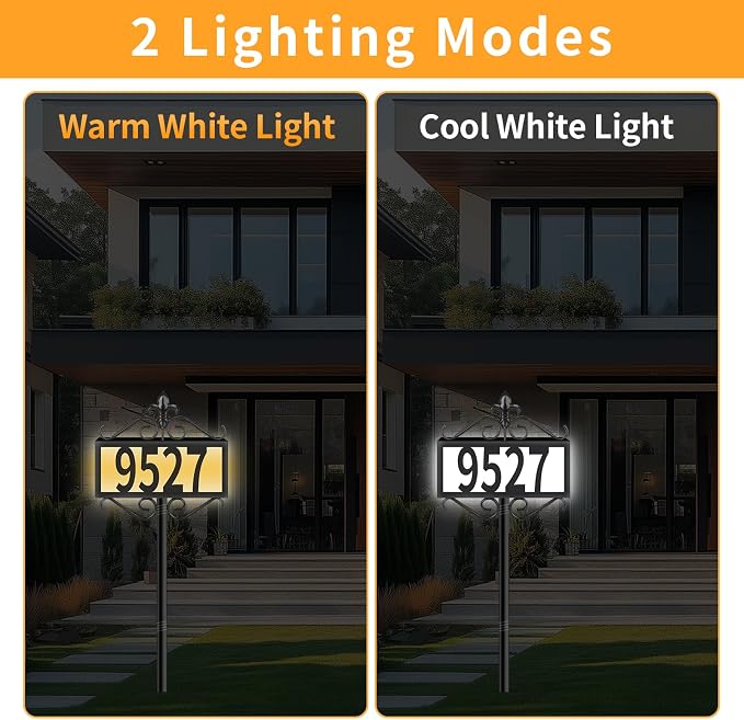 Metal Solar Address Signs for Yard with Warm White & Cold White - 50 Customizable (from 0 to 9) House Numbers for Outside, Weather-Resistant Lighted Address Plaque Outdoor, Illuminated LED Address Numbers Sign for Yard Home