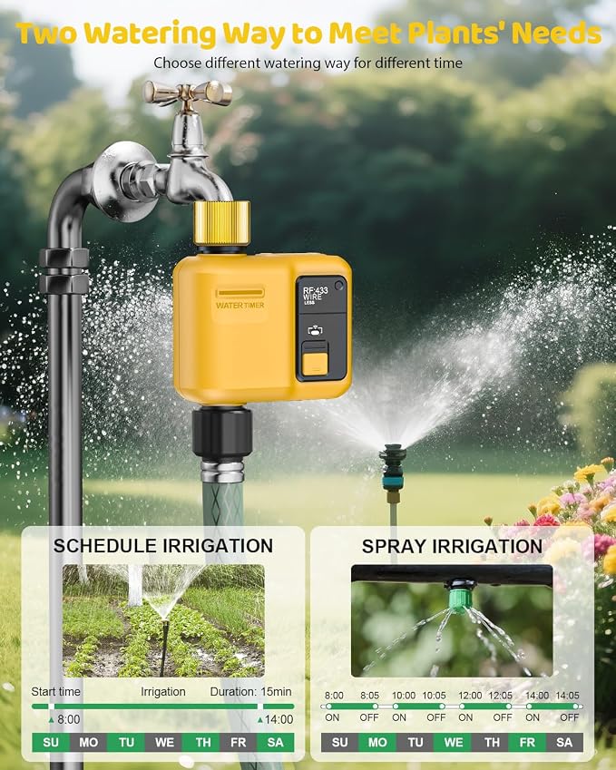 WiFi Water Timer 1 Zone for Garden Hose, 2 Pc Smart Sprinkler Timer with 984ft RF Range, Smart Lawn Watering System Irrigation Controller, APP/Voice Control, Rain Delay, Automatic/Manual Irrigation
