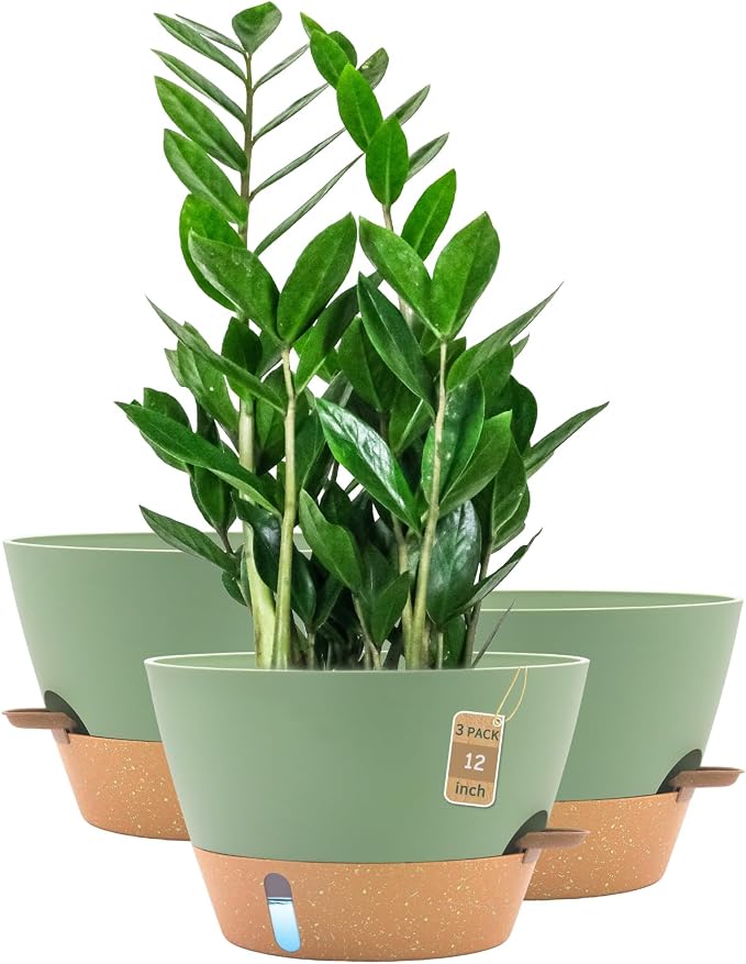 12 Inch Self Watering Pot with Visual Water Window, Drainage Holes & Watering Lip, Set of 3 Large Plastic Planters for Indoor Outdoor Plants, Modern Decorative Flower Pot (Green)