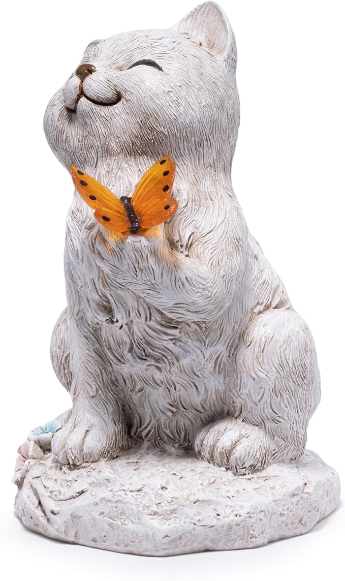 basen Solar Cat Statue with Glowing Butterfly, Outdoor Garden Cat Figurine Decor for Yard Lawn Patio, Resin Solar Animal Sculpture with LED Light for Garden Landscape Decoration