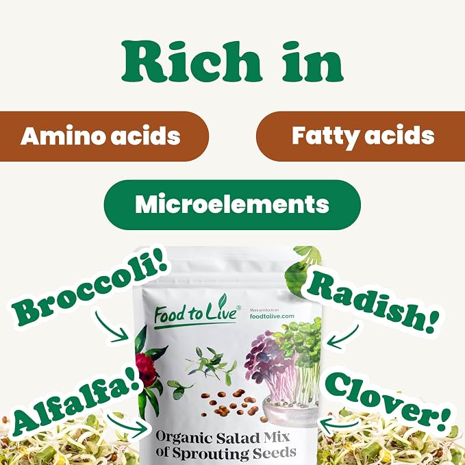 Food to Live Organic Salad Mix of Sprouting Seeds, 3 Pounds — Non-GMO Broccoli, Radish, Clover, Alfalfa. Rich Germination Rate, Non-Irradiated, Kosher, Vegan Superfood, Bulk, Rich in Sulforaphane