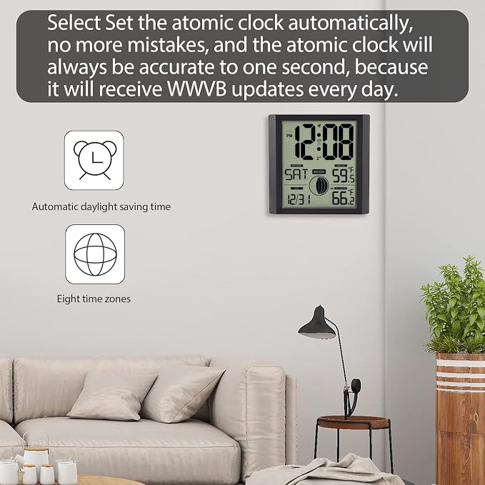 Atomic Wall Clock with Indoor/Outdoor Temp Large Number Display | Wall Clock Battery Operated, Alarm Clock,Silent,Analog,Modern,Digital,for Bedroom Dementia Seniors Desk Office Kitchen