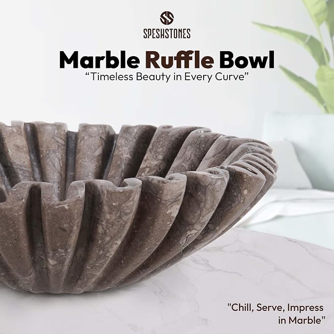 Marble Large Decorative Bowl Handmade 10 Inch Ruffle Bowl, Scalloped Bowls for Home Decor, Modern Fruit Bowl for Kitchen Counter, Stone Fluted Bowl for Housewarming Gifts