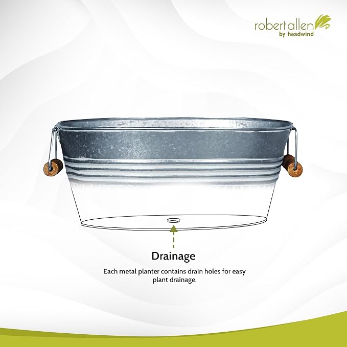 Headwind Vintage Collection 14-Inch White Wash Oval Galvanized Tub with Handles – Metal Wash Basin Planter - Galvanized Metal Tub for Indoor & Outdoor Use by Robert Allen