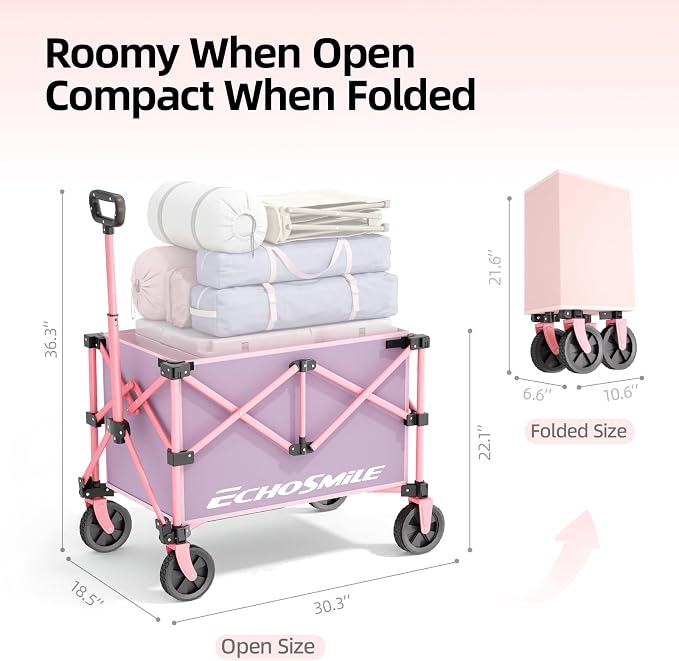 EchoSmile Lightweight Collapsible Wagon Cart, Compact Foldable Wagon for Grocery, Camping & Sports, Easy Fold Utility Wagon,Pink&Purple
