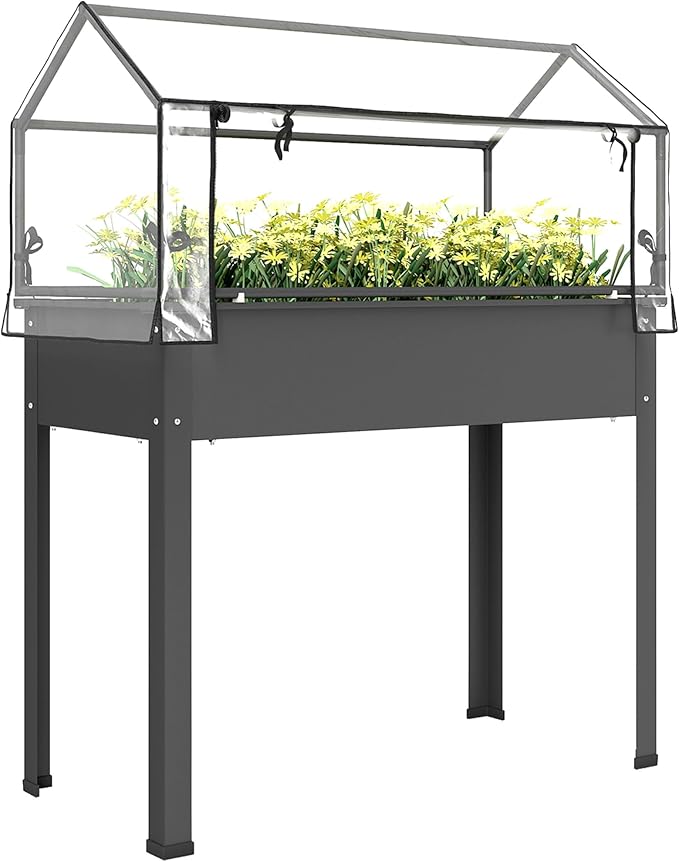 Outsunny Raised Garden Bed with Greenhouse Cover, Elevated Planter Box with Legs and Drainage Hole for Vegetables Flowers Herbs, 39.4" x 18.9" x 48.8", Dark Gray