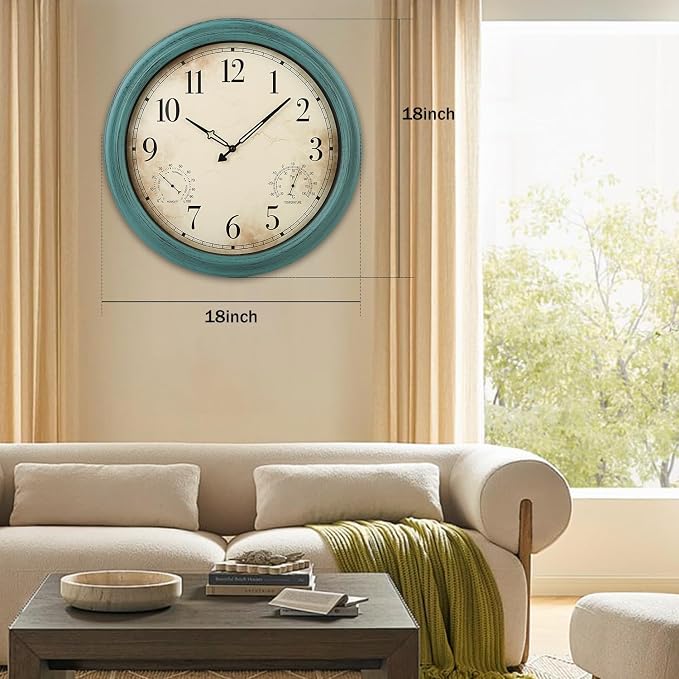 18 Inch Wall Clock, Retro Outdoor Clock Non-Ticking Waterproof Indoor Outdoor Clock with Thermometer, Green