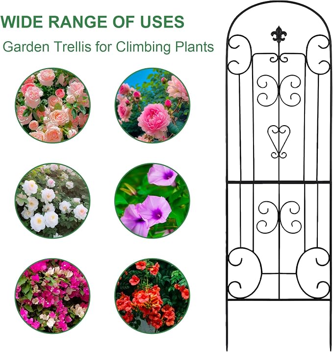70"X18" Metal Garden Trellis for Climbing Plants, Climbing Plant Support, Heavy-Duty Steel Garden Trellis for Indoor & Outdoor Vines Plant Rose Vegetable Support Black (2, Pattern-C)