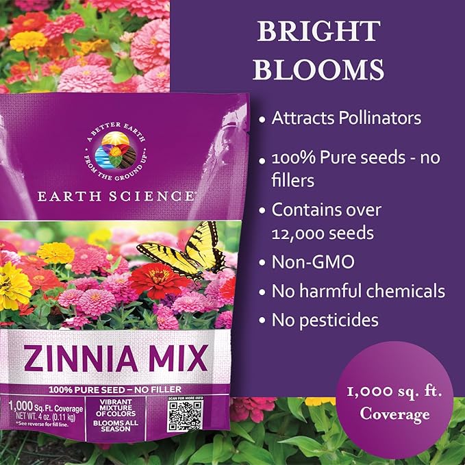 Earth Science Zinnia Seeds - 4oz, Over 12,000 Seeds, Non-GMO, No Harmful Chemicals or Pesticides, 1,000 Sq. Ft. of Vibrant Wildflower Blooms, Drought Tolerant and Easy to Grow