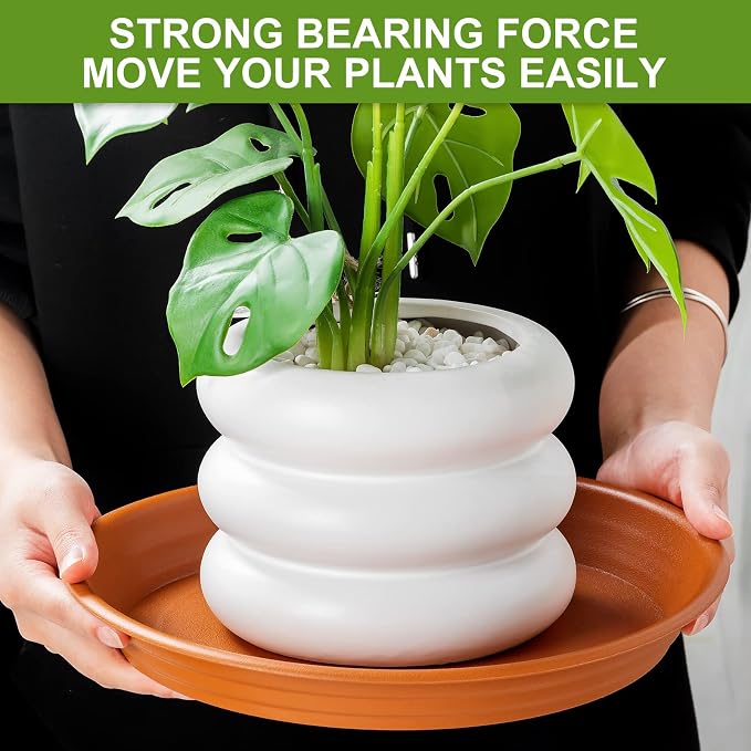 12 Pcs 12 Inch Plastic Plant Saucer Thicker Plastic Heavy Duty Round Flower Pot Saucers Water Planter Tray for Indoor Outdoor Plant Pots, Terracotta Color