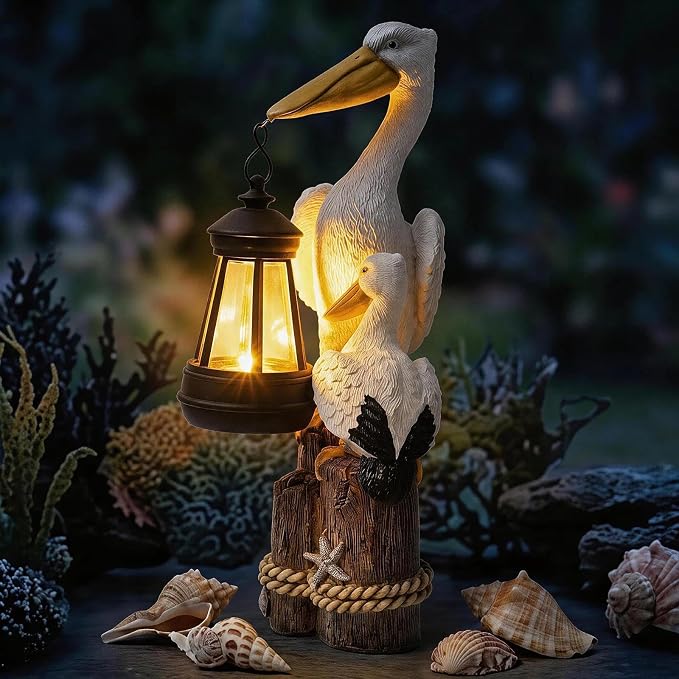 Solar Pelican Garden Statue with LED Lantern, 11.4 Inch Hand-Painted Resin Outdoor Figurine Light for Patio Lawn Yard, Coastal Bird Gift for Women Mom Grandma