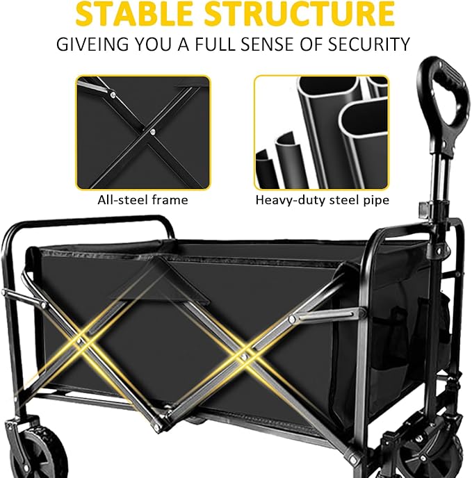 Collapsible Utility Cart Folding Wagon, 320lbs Capacity Lightweight Rolling Cart with Quiet Wheels, Quick-Fold Design for Camping, Shopping, Ourdoor Use,Black 2PCS