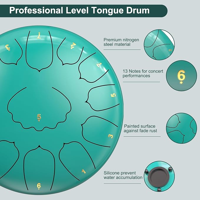 D Major Steel Tongue Drum Handpan, 12 Inch 13 Note Rain Drum for Outside Garden, Meditation Rain Chime, Musical Percussion Instrument for Adult Gift with Bag, Music Book, Drum Mallets (Lake Blue)