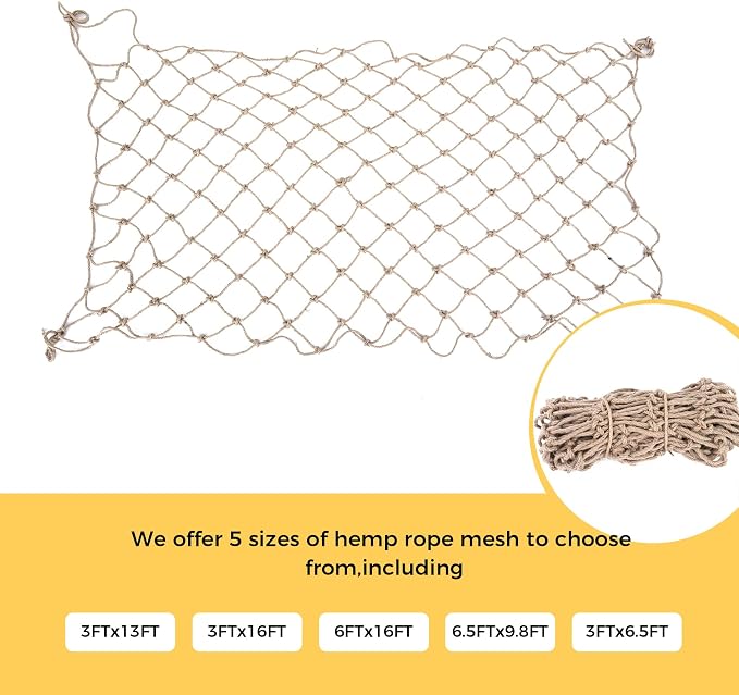 Jute Hemp Rope Net,Heavy Duty Natural Safety Rope Netting Balcony Stairs Fence Garden Playground Protection Net Indoor & Outdoor Decoration Rope Netting (6.5 FT x 10 FT-6mm)