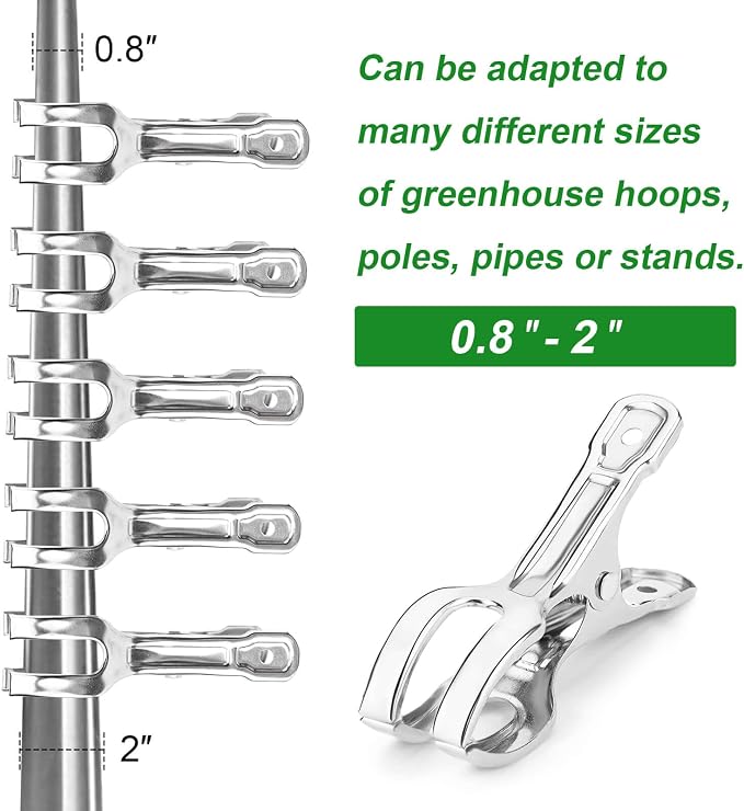 Upgrade Large Garden Clips, Stainless Steel Greenhouse Clamps for 3/4'', 1'', 2'' Pipes, Strong Grip Garden Clamps for Greenhouse Hoop, Heavy Duty Row Cover Clips for Netting, 24PCS