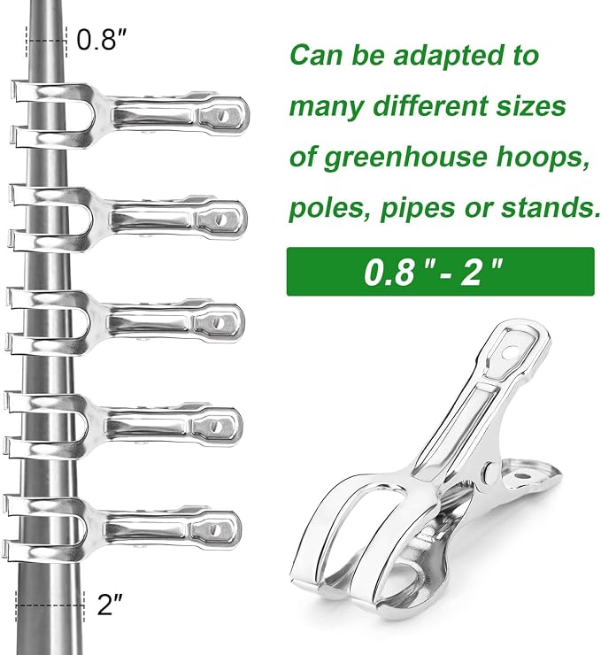 60-Pack Extra-Large Opening Garden Clips, Heavy Duty Stainless Steel Greenhouse Clamps for 3/4" to 2" Pipe - Securely Grips Row Cover, Frost Blanket, Bird Netting & Shade Cloth in High Winds