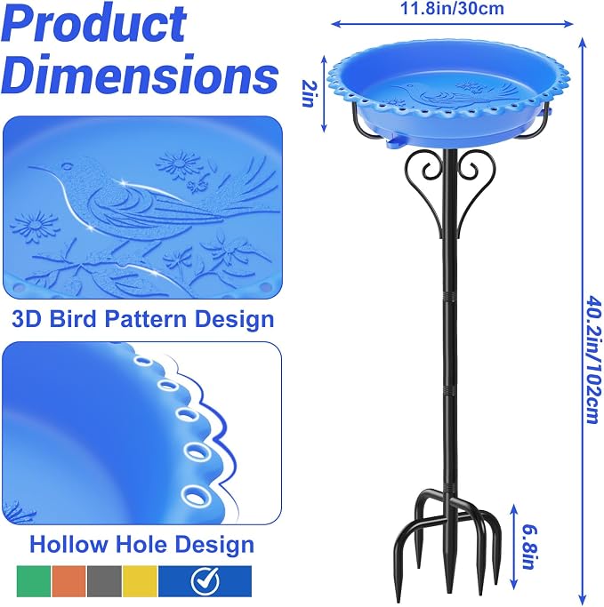 Bird Bath for Outside,40In Vintage Freestanding Bird Baths for Outdoors with Removable Bowl,Bird Baths Feeder with 5 Prongs Base for Garden Patio Yard Lawn Decor (Blue)
