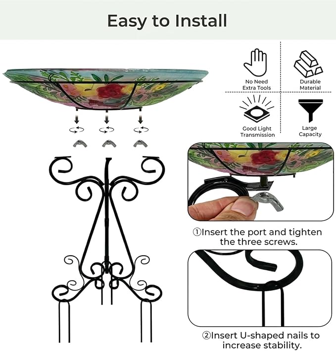 Large Bird Bath for Outside, 18" H Glass Bath Bowl with Metal Stand 28" H Standing Outdoor Birdbaths for Garden Yard Lawn Decor, Flamingo