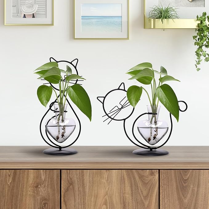 Plant Terrarium Plant Propagation Station Cat Lover Gifts for Women | Plant Lovers Home Office Decor Cat Desk Accessories