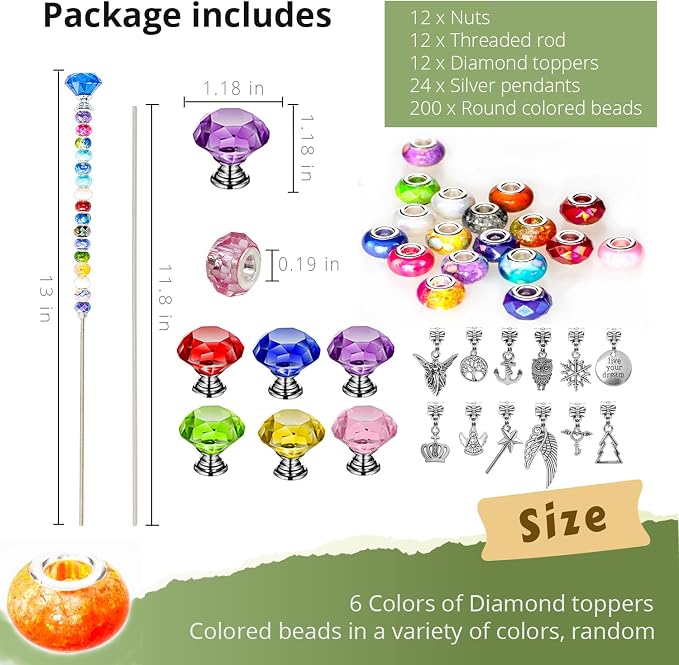 Prefdo 236 PCS Decorative Garden Stakes DIY Fairy Wand Beaded Kit | Diamond Stopper Tops, 12 In Threaded Rod, 200 Colorful Beads, Indoor Outdoor Plant Flower Pot Décor