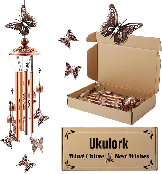 Wind Chimes for Outside, Butterflies Aluminum Tube Wind Chimes with S Hook, Patio Porch Garden Decor, Housewarming Gift for Mother’s Day Women Mom Grandma Sister