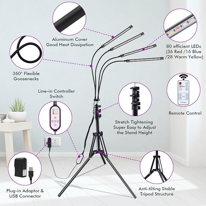 Felibeaco Plant Grow Lights for Indoor Plants Full Spectrum, LED Floor Plant Lights for Indoor Growing with Adjustable Stand (14"-63"), Indoor Plant Grow Lamp with Timer, Auto On/Off for House Plants