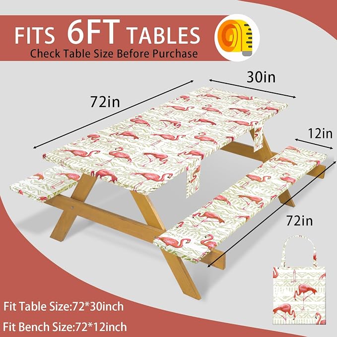 Fitted Waterproof Picnic Table Cover with Bench Covers Heavy Duty Elastic Outdoor Camping Tablecloth for 6 Foot Rectangle Tables Summer Rv Accessories Patio Garden Road Trip Essentials Gifts