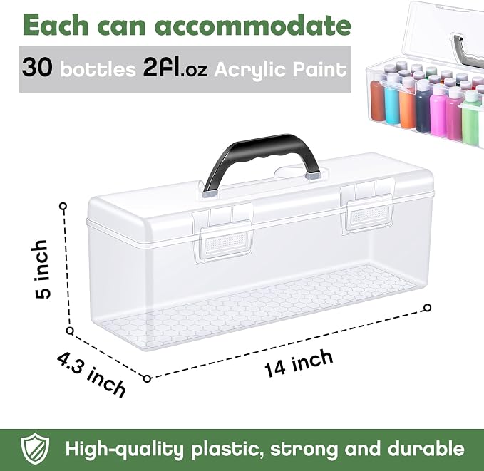 Threehoney 1 Pcs Acrylic Paint Storage Box for 2 Fl. oz Acrylic Paints, Portable Craft Art Organizer with Handle, 30 Bottles Capacity Plastic Art Supply Clear Boxes (Black)