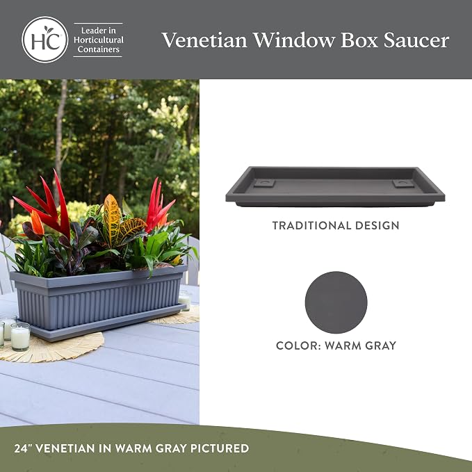 The HC Companies Venetian Rectangular Plant Tray - Lightweight Plastic Plant Saucer - Plant Drip Trays for Drainage -UV Resistant Pot Saucer for Indoor & Outdoor Use (17.5" Warm Gray, Pack of 1)