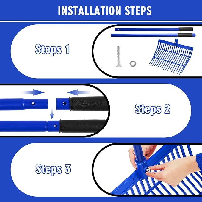 Lasnten 3 Sets Manure Fork with Long Handle, ABS Plastic Head & Metal Handle, Pitch Fork Manure Rake Heavy Duty Muck Rake for Gardening Horse Stable Grass Hay Cleaning Farm Work (Blue,Normal Grip)