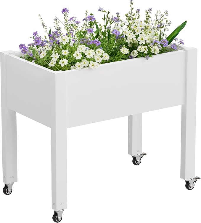 Elevated Raised Garden Bed with Wheels,Planter Box,Ashen-26.3" h | Resin Planter Box with Drainage Holes, Water Monitor, Wheels for Garden Patio Backyard