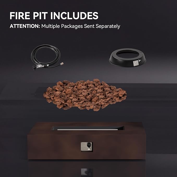 COSIEST Outdoor Propane Fire Pit Table 56-inch x 28-inch Rectangle Bronze Compact Concrete-Like Finish, 50,000 BTU, Free Lava Rocks, Fits 20lb Tank Outside, Raincover