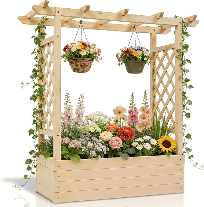 VINGLI Raised Garden Bed with Trellis & Hanging Roof, Wooden Planter Box with Drainage Holes for Outdoor Climbing Plants Vegetables Flowers, Patio Yard Balcony (Natural, Medium)