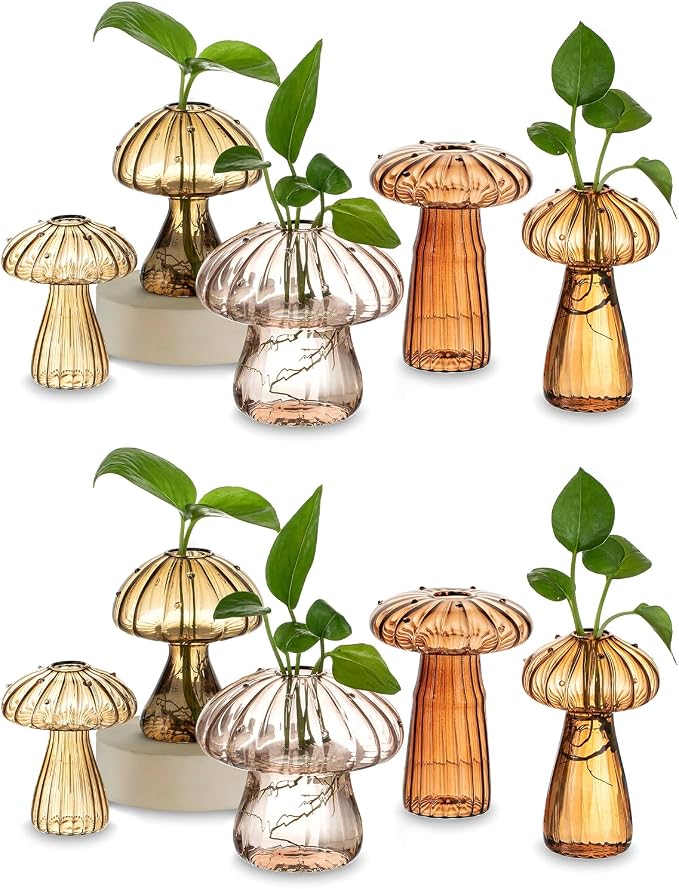 Hewory Glass Mushroom Propagation Stations: Set of 10 Unique Propagation Jars Glass Planter for Indoor Plants Home Decor - Brown Mushroom Vase Christmas Birthday Gifts for Plant Lovers Women Girls