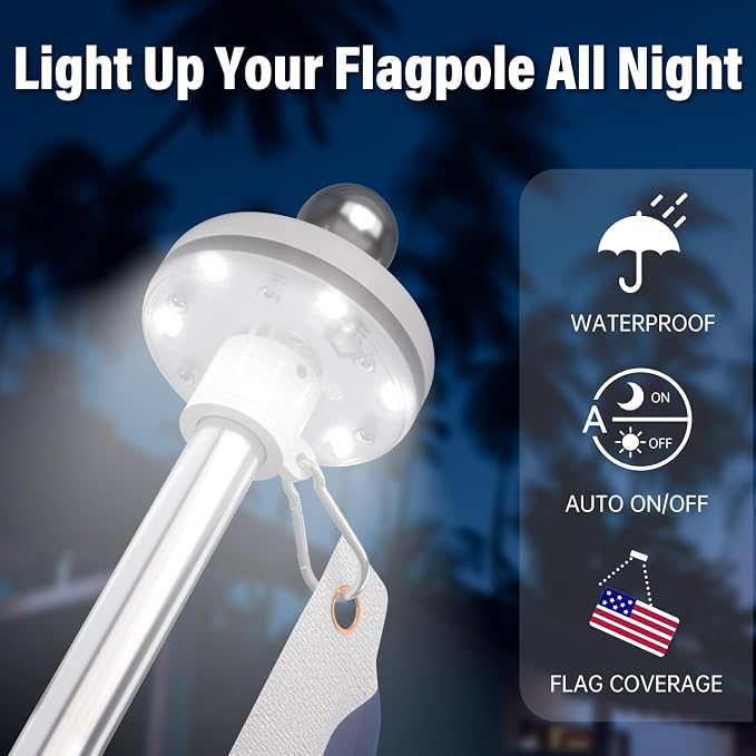 ZMTECH 6FT Flag Pole for Outside House with Solar Light | Tangle Free Stainless Steel USA Flag Pole Kit, 180° Adjustable Holder for Outside House Yard, Silver (No Flag Included)