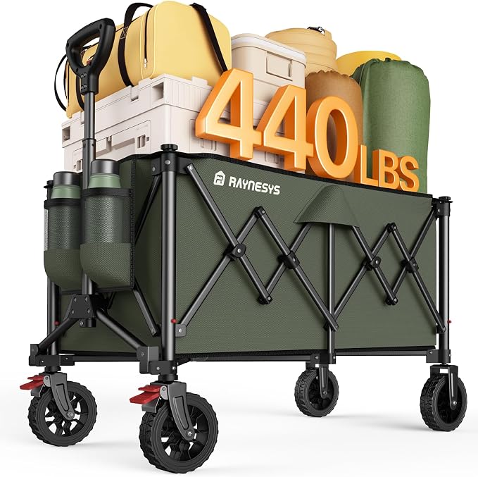 Raynesys Collapsible Foldable Wagons, 440lbs Weight Capacity Beach Wagon with All-Terrain Wheels, Heavy Duty Foldable Wagon, Utility Wagons Carts with Brakes for Camping,Sports,Shopping,Grocery, Green