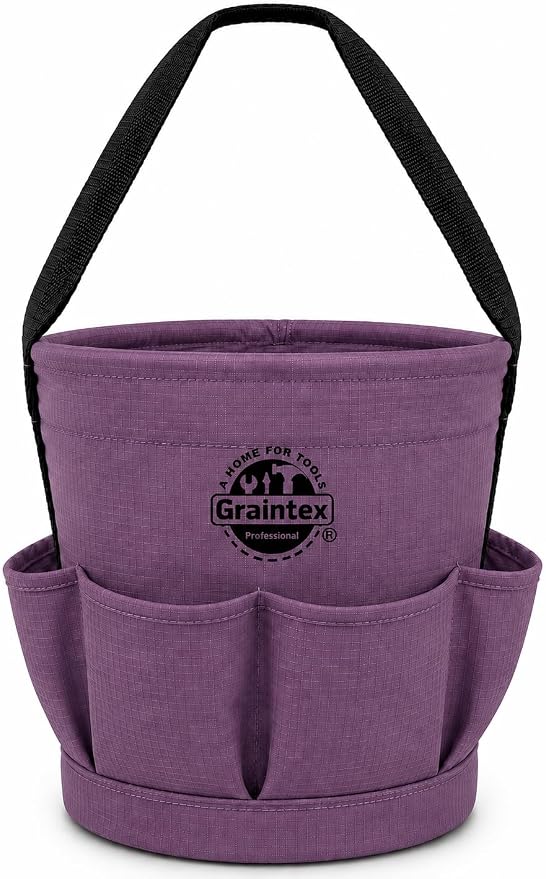 Graintex Tapered Canvas Bucket 12"x10"x15", Utility Tool Bucket 6 Pockets Outside, Reinforced Base & Carry Handle, Ripstop Canvas, Multi-Purpose Bag for Jobsite & Home Use - Purple