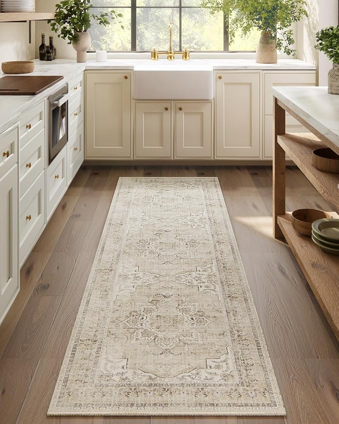 Machine Washable Runners Rug for Hallway: 2'6"x8' Kitchen Runner Rugs with Rubber Backing Non Slip Low Pile Soft Faux Wool Boho Floor Rug Carpet Runners for Hallways Entryway Bedroom Kitchen Farmhouse