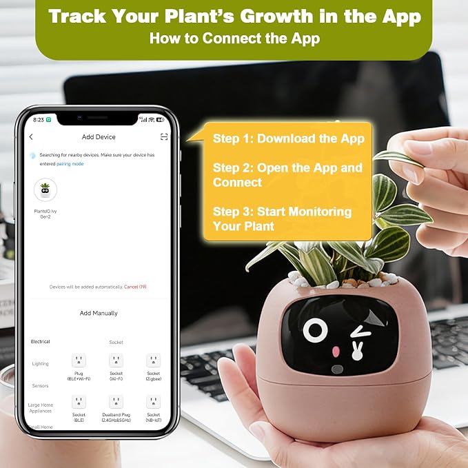 Smart Plant Pot with Visual Display – Soil Moisture, Water Level, Light & Battery Monitor, 80ml Self-Watering Reservoir, Supports 100+ Plants, Pomodoro Timer, Clock & Calendar (Blush)