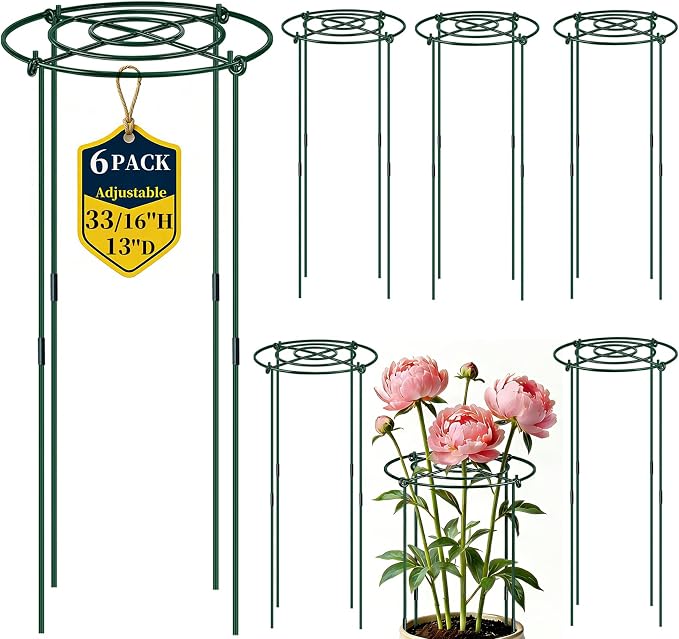 QwayHome 6Pack Peony Cages and Supports 33''H x 13''D Grow Through Large Plant Support, Adjustable High, Heavy Duty, Rust-Resistant, Round, Flower Support Cage Ring for Rose Tomato Hydrangea