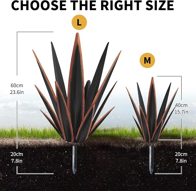 KODIBO Large Tequila Rustic Sculpture, Rustic Metal Agave Plants for Outdoor Patio Yard, Home Decor Hand Painted Metal Agave Garden Yard Statue, Outdoor Lawn Ornaments Yard Stakes (Black -L)