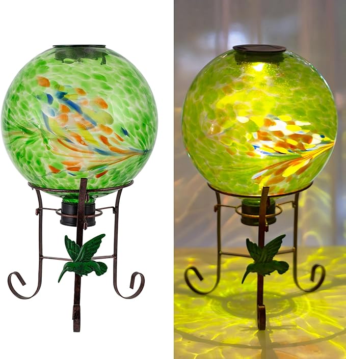 10 Inch Solar Glass Gazing Ball with 9.4" H Metal Stand | Solar Globe Ball Light Display Holder Set for Outdoor Garden Lawn Yard Decoration, Green Artistic