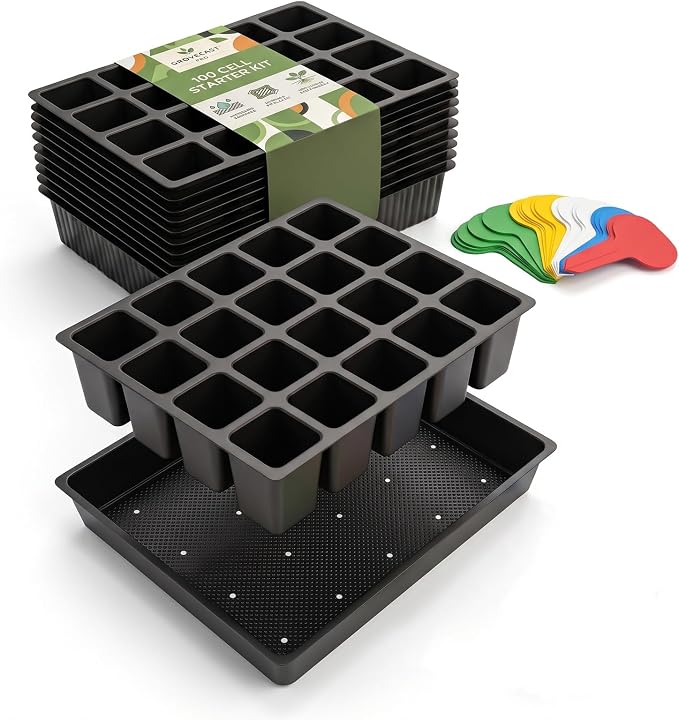 Square Nursery Pots 2 Layers with Drainage, 100 Cell Seeding Tray, 5 Packs | Double-layer Drainage Design Seed Starter Tray, More Durable for Reusable, Coloful Plant Lables