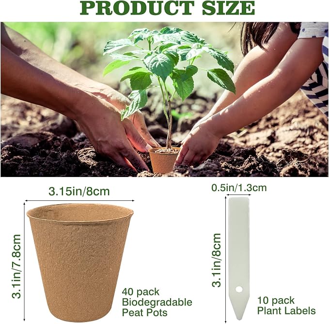 INCIKITI 40Pcs 3.15 Inch Peat Pots, Biodegradable Eco-Friendly Round Plant Seedling Starters Kit, Seed Germination Trays with 10 Labels for Flower Vegetable Tomato Saplings & Herb Germination, Khaki