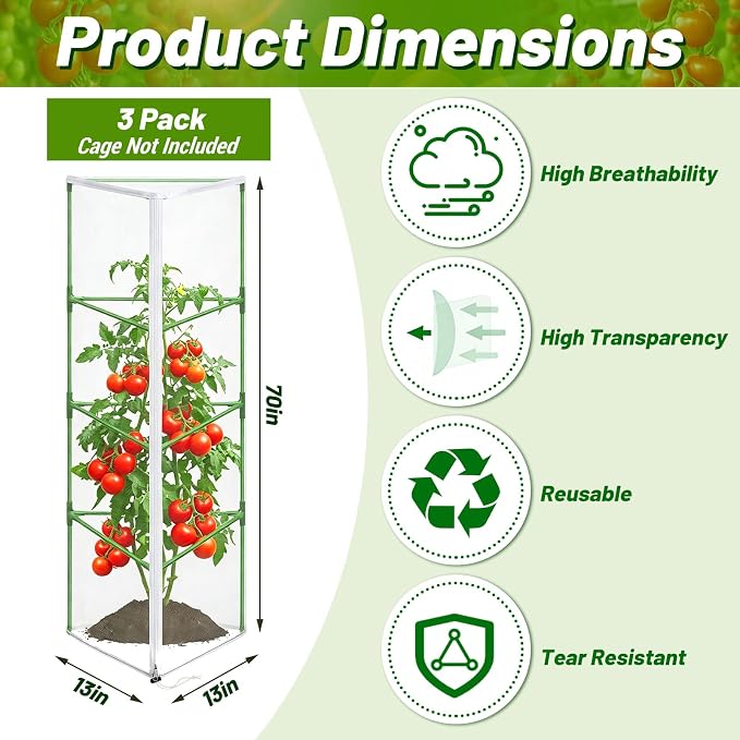 3 Pcs Garden Bird Netting Plant Cover for Triangle Tomato Cage, 67" X 12.6" X 12.6" Tomato Trellis Plant Covers with Zipper & Drawstring for Vertical Climbing Plants, Vegetable and Flowers (No Cage)