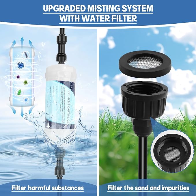 Kalolary Misting Cooling System, 100ft Misters for Outside Patio with Water Filter, 100FT(30M) Misting Line, 30 Brass Mist Nozzles & 2 PE Adapters 3/4" Outdoor Mister for Backyard Garden Greenhouse