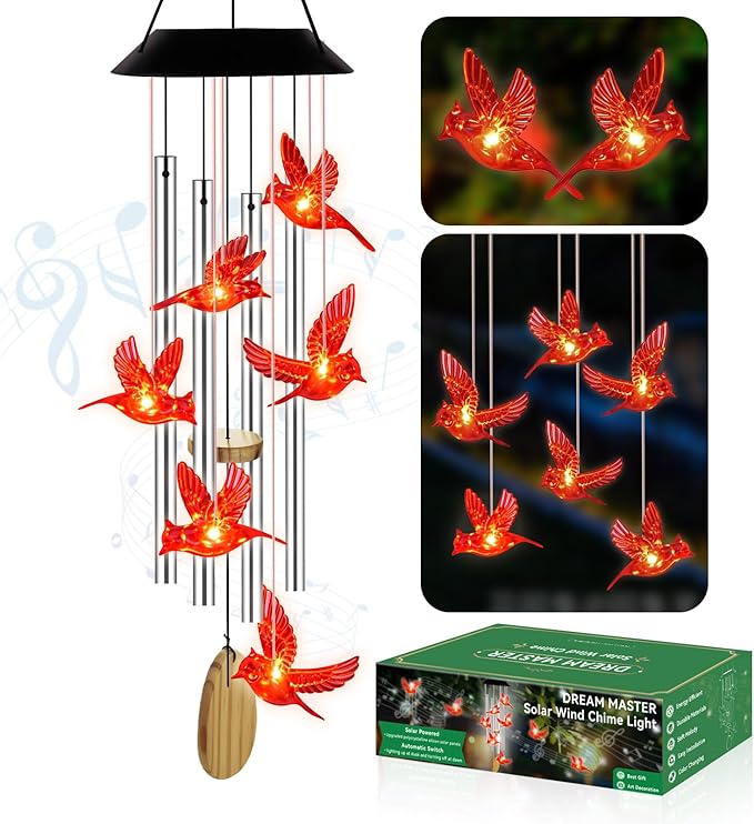 Wind Chimes for Outside, Solar Lights Outdoor Waterproof, Color Changing Cardinal Light for Yard, Outdoor, Patio, Garden Decor, Wind Mobiles Gardening Gifts for Women, Mom, Wife, Red Cardinal