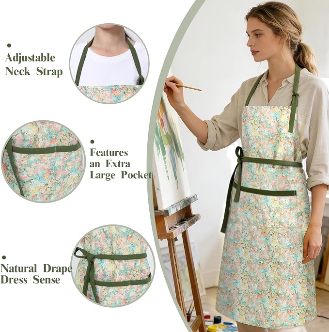 Women's Vintage Floral Kitchen Apron for Cooking & Gardening | Adjustable Neck Straps & Large Pockets, Cute Pinafore for Baking Tea Time, Practical Hostess Gift(Green/Pink Flowers)